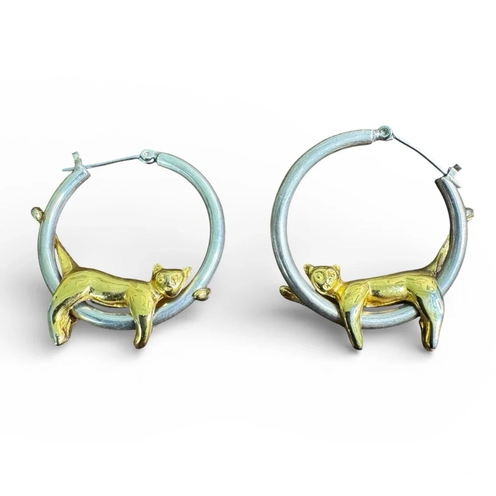 Vintage Cat Hoop Earrings Gold and Silver Tone - Picture 2 of 8